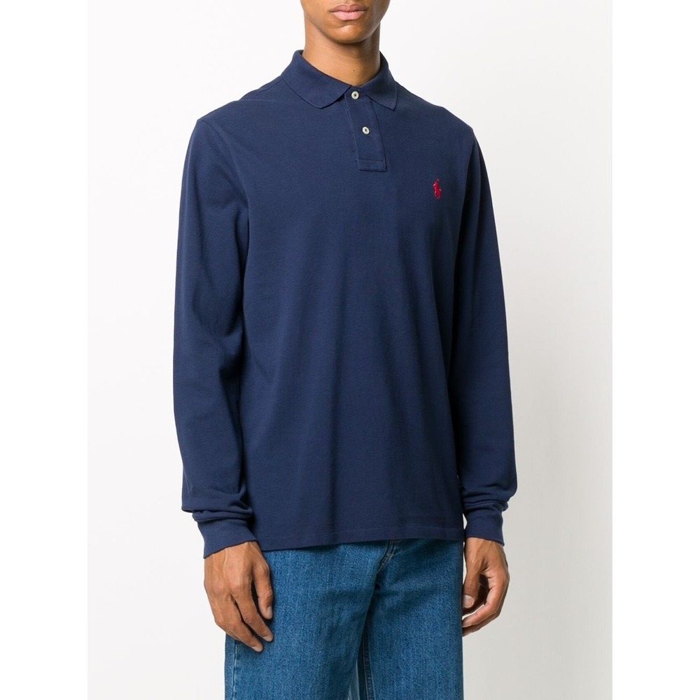 Polo Ralph Lauren Mens Navy Blue Long Sleeve Cotton Polo‎ Shirt Red Size Medium